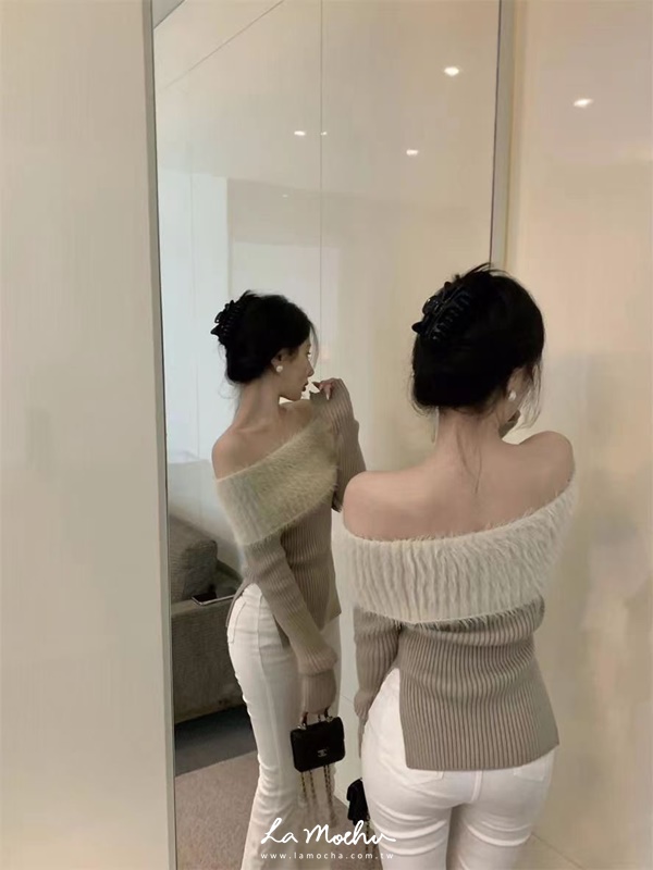翻領側開衩坑條毛衣